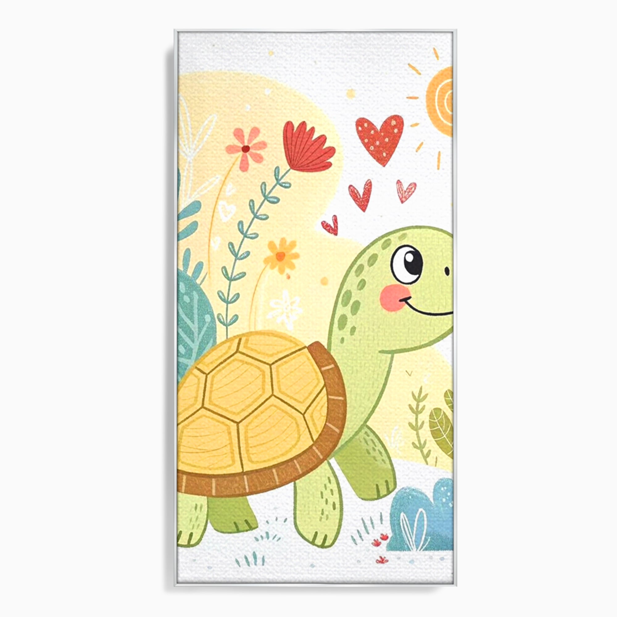 Tablou canvas cu ilustratie cu testoasa vesela printre flori, in rama de aluminiu argintiu